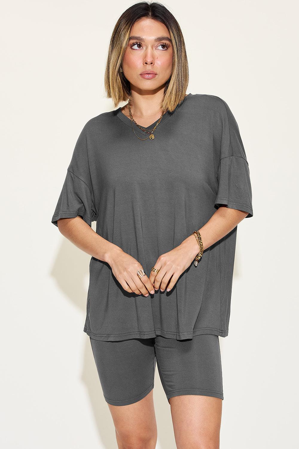 Basic Bae V-Neck T-Shirt and Shorts Set - Full Size Drop Shoulder Outfit Dark Gray