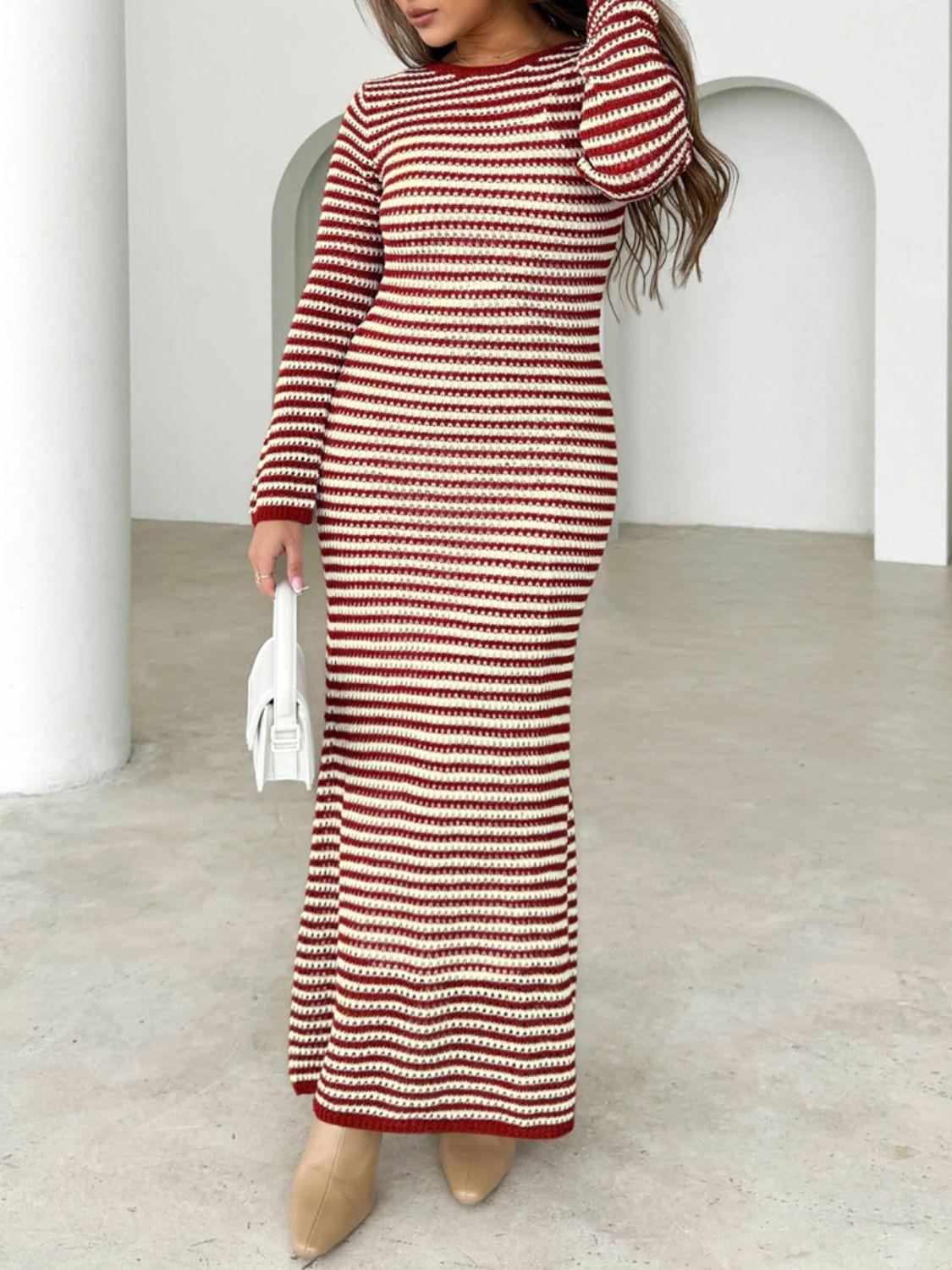 Devine Tied Round Neck Striped Sweater Dress Terracotta