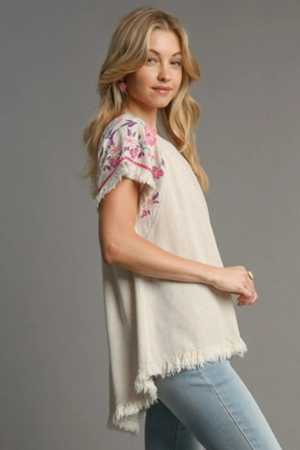 Umgee Full Size Linen Round Neck High Low Hem Frayed Top Plus Size
