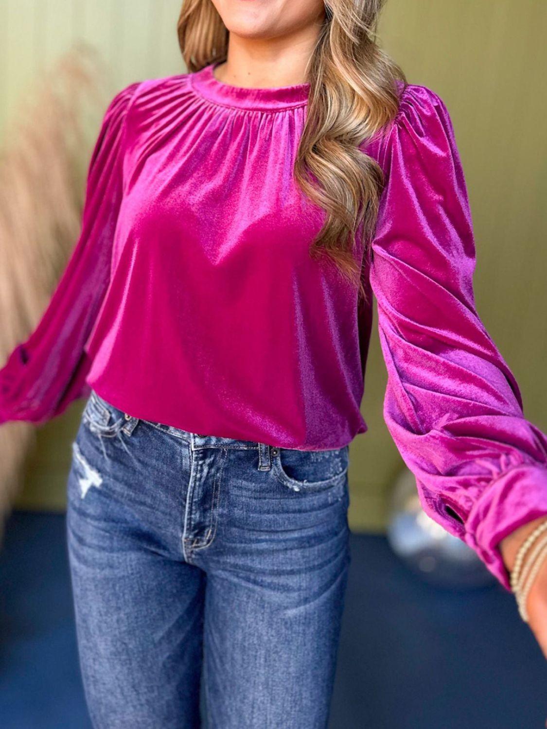 Ruched Round Neck Long Sleeve Blouse Hot Pink
