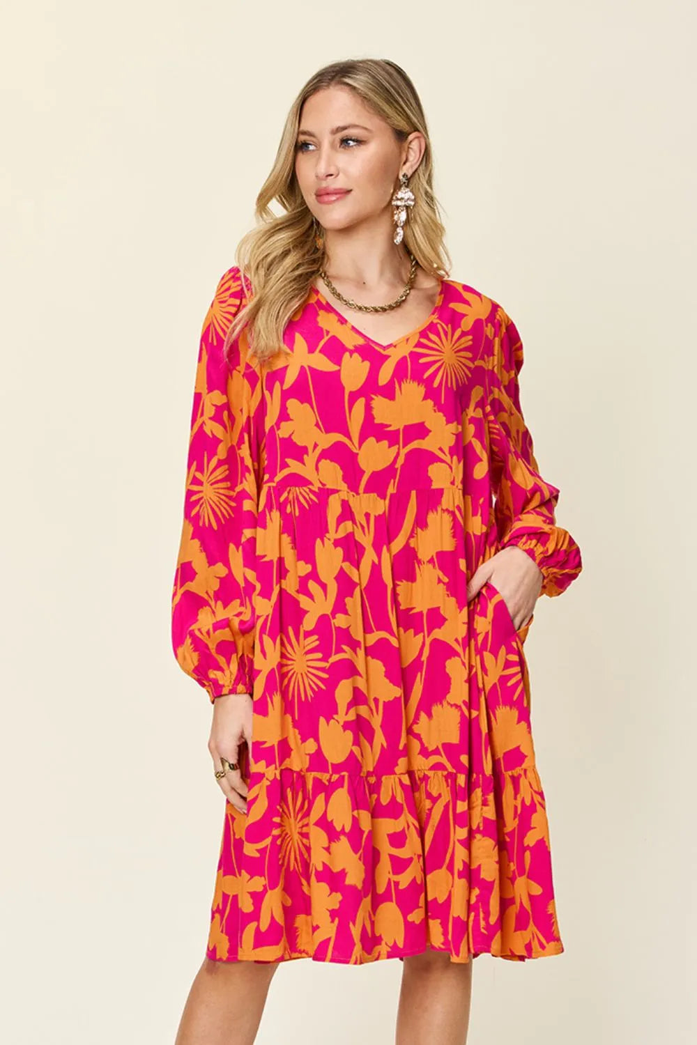 Double Take Full Size Printed Ruffle Hem Dress with Pocket Hot Pink