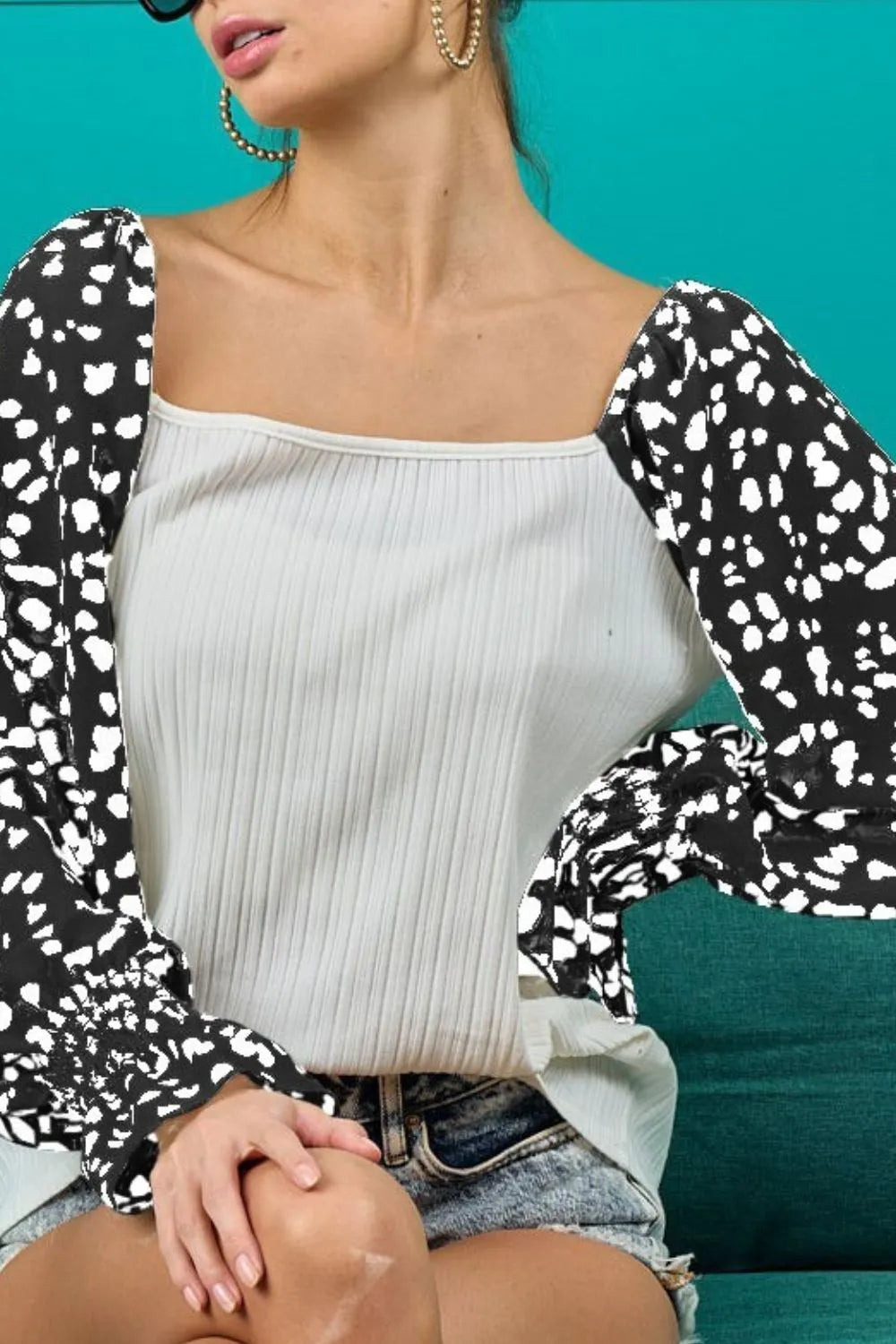 BiBi Ribbed Top with Leopard Long Sleeves