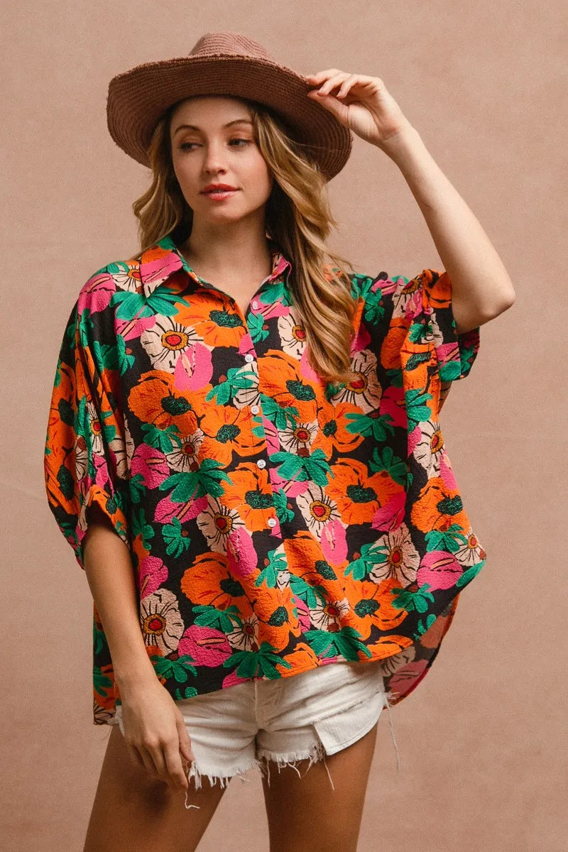 BiBi Floral Print Soft Crinkle Short Dolman Sleeves Blouse