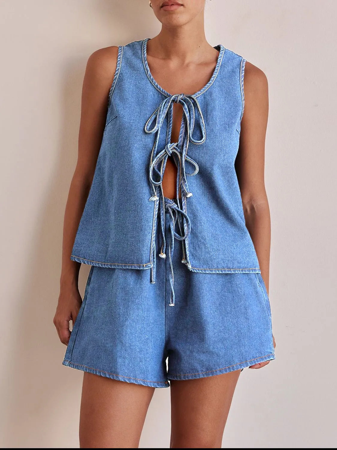 Tie Front Vest and Shorts Denim Set Light