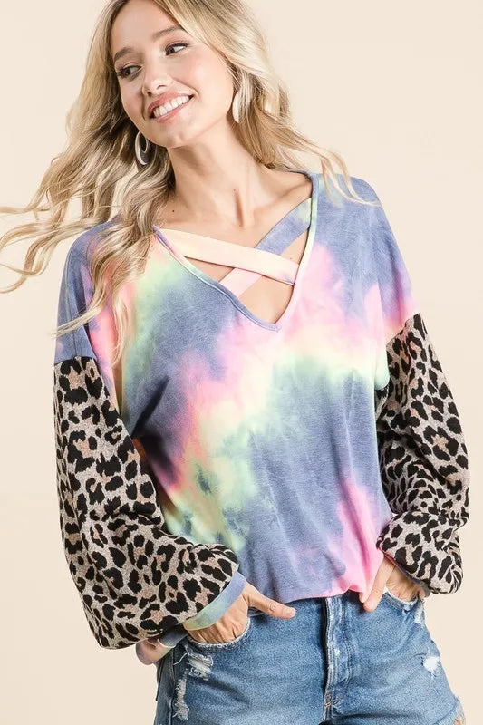 BiBi Tie Dye Terry Top with Leopard Puff Sleeves
