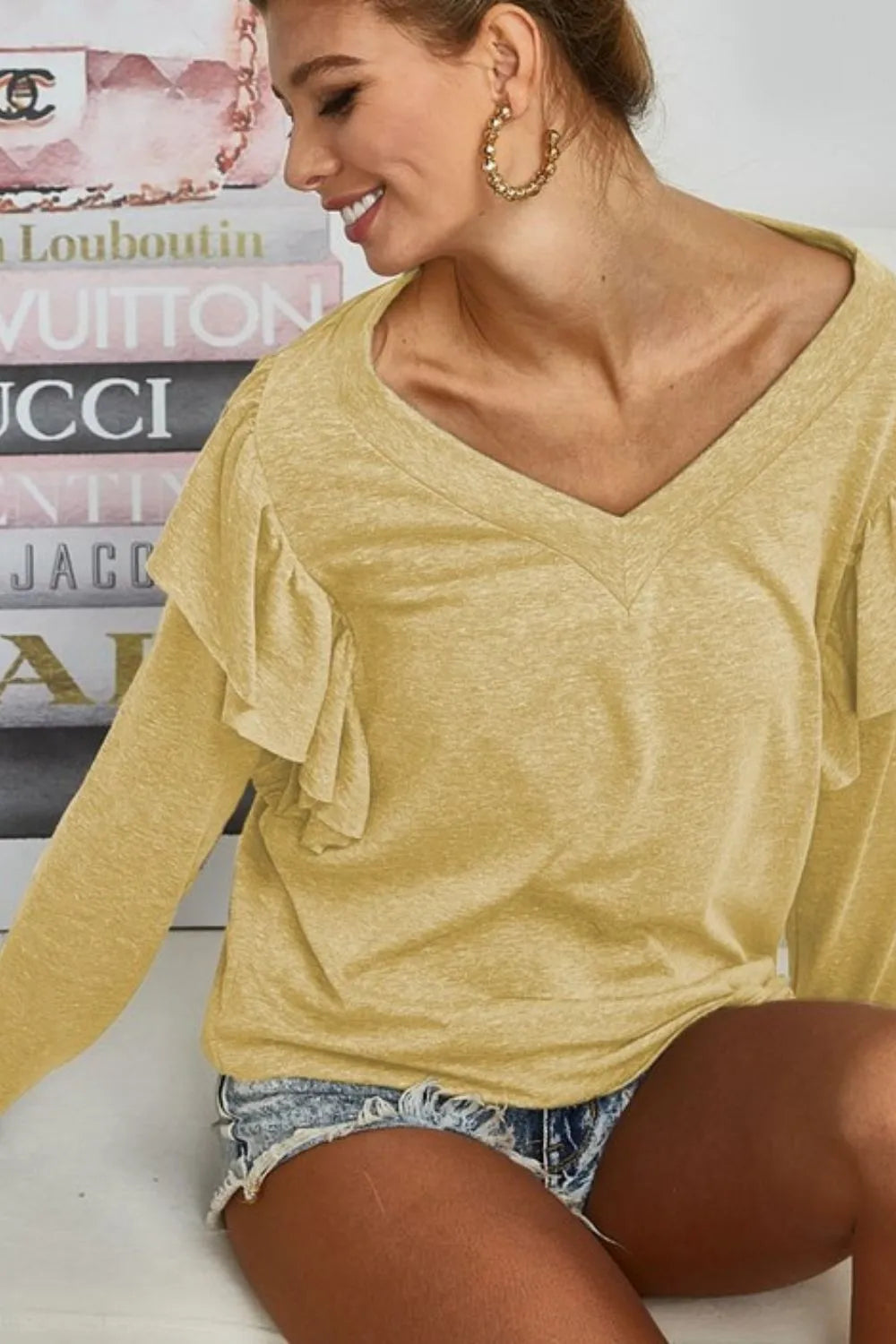 BiBi Triblend V Neck Top with Shoulder Shrring Detail