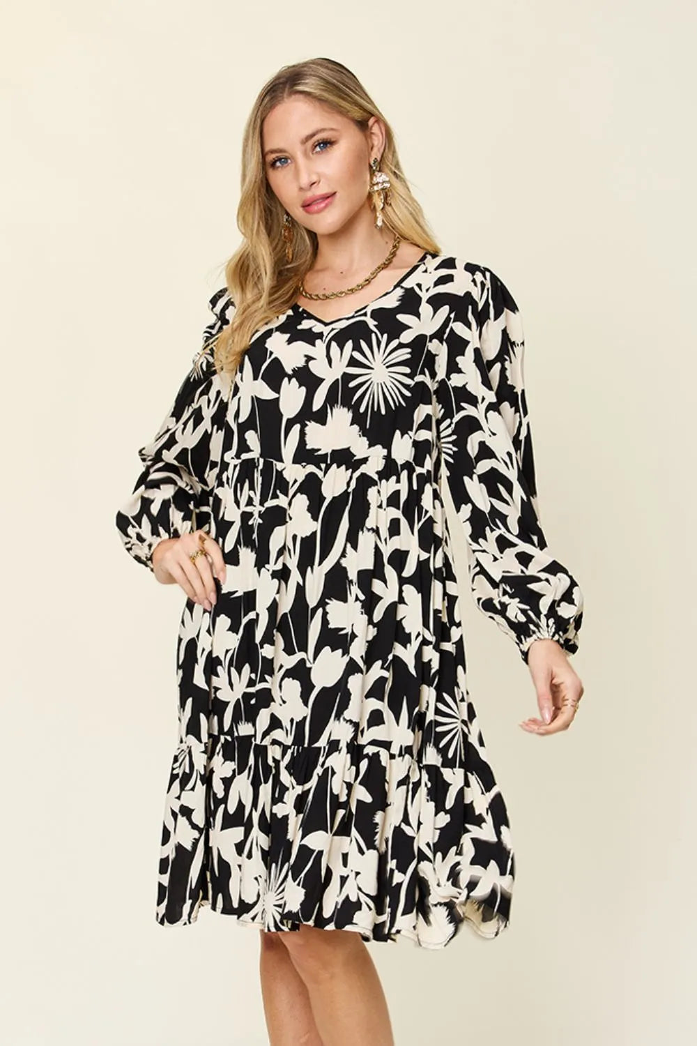 Double Take Full Size Printed Ruffle Hem Dress with Pocket Black