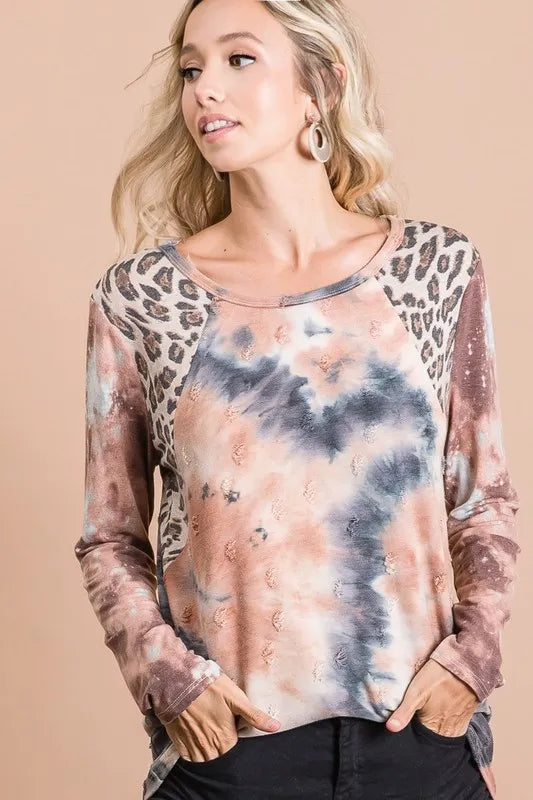 BiBi Tie Dye Distressed Knit Top with Leopard Shoulder