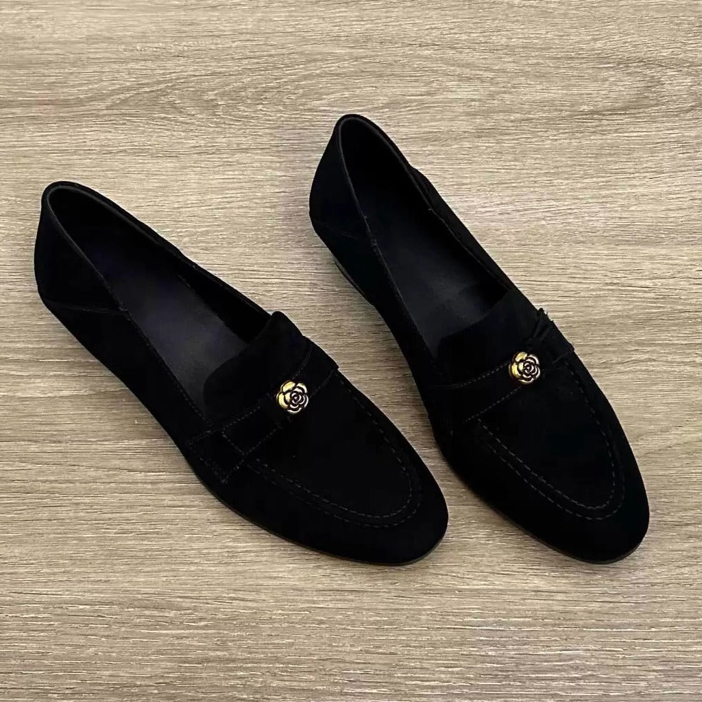 Women's Retro Camellia Sheepskin Loafers | Chunky Low Heel Slip-On Flats