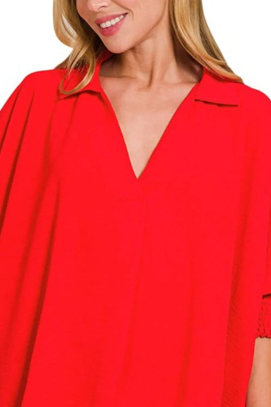 Zenana Airflow Collar Tee with Smocked Sleeve Band Top