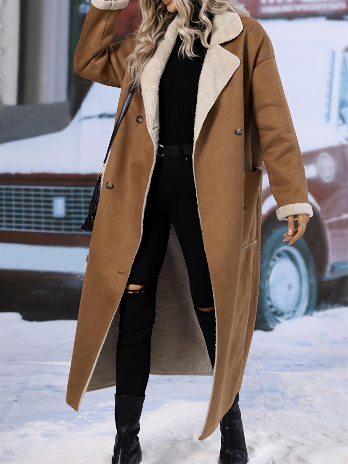 Plus Size Drop Shoulder Sherpa Longline Coat Brown