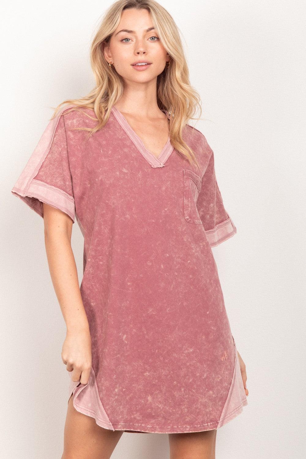 VERY J Short Sleeve V-Neck Tee Dress Mauve