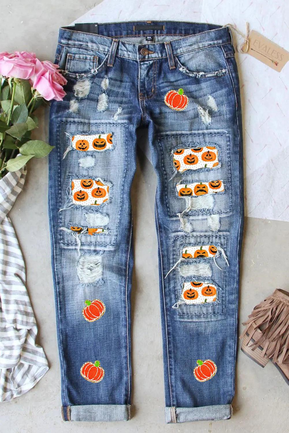Distressed Pumpkin Jeans with Pockets Medium