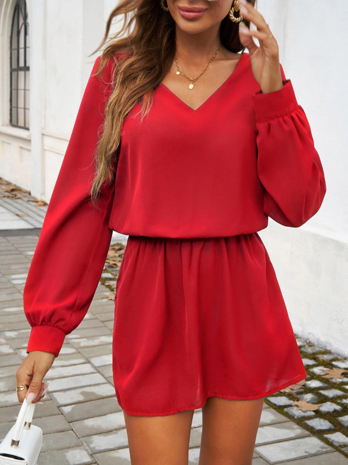 Devine Cutout V-Neck Long Sleeve Mini Dress Deep Red