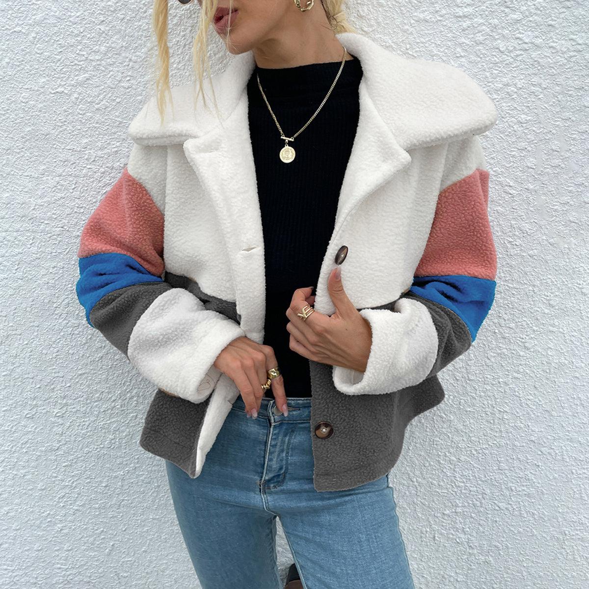 Shiny Color Block Button Down Collared Jacket Dark Gray S