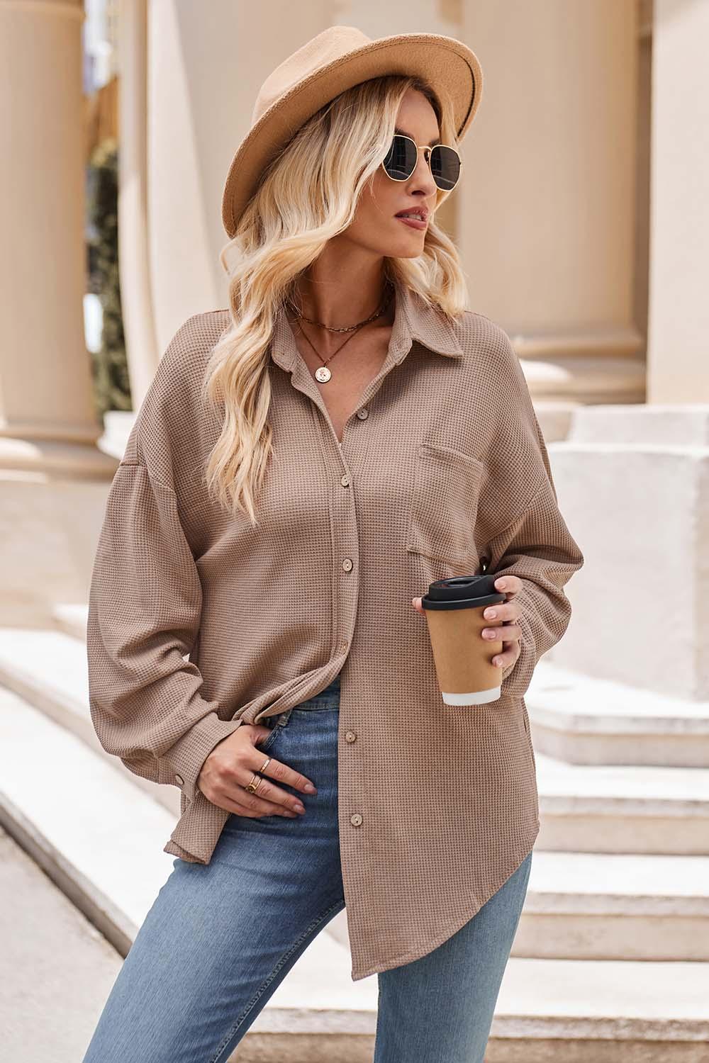 Mandy Collared Neck Dropped Shoulder Shirt Mocha