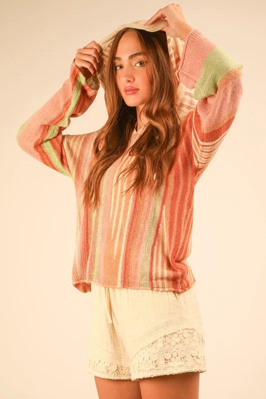 VERY J Multi Color Stripe Long Sleeve Knit Hoodie Natural