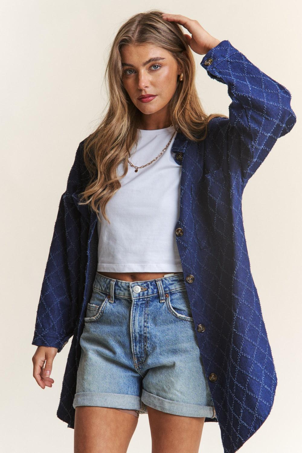 J.NNA Rhombus Stitched Button Up Denim Shacket Dark Denim