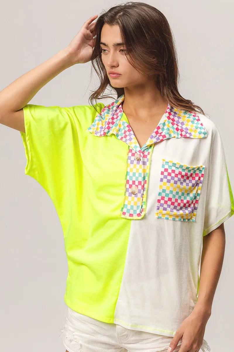 BiBi Color Block Knit with Multi Checker Contrast Top