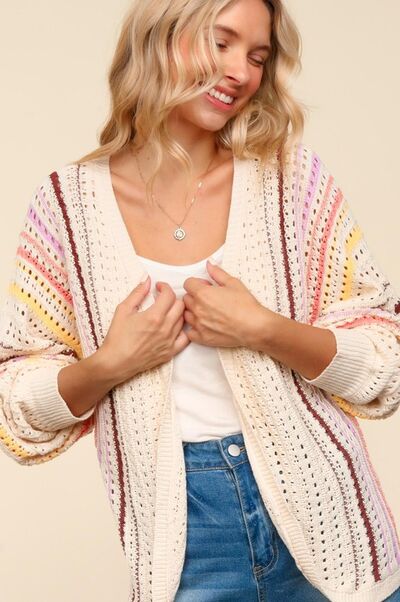 Haptics Full Size Striped Crochet Open Front Cardigan Oatmeal Coral Yellow