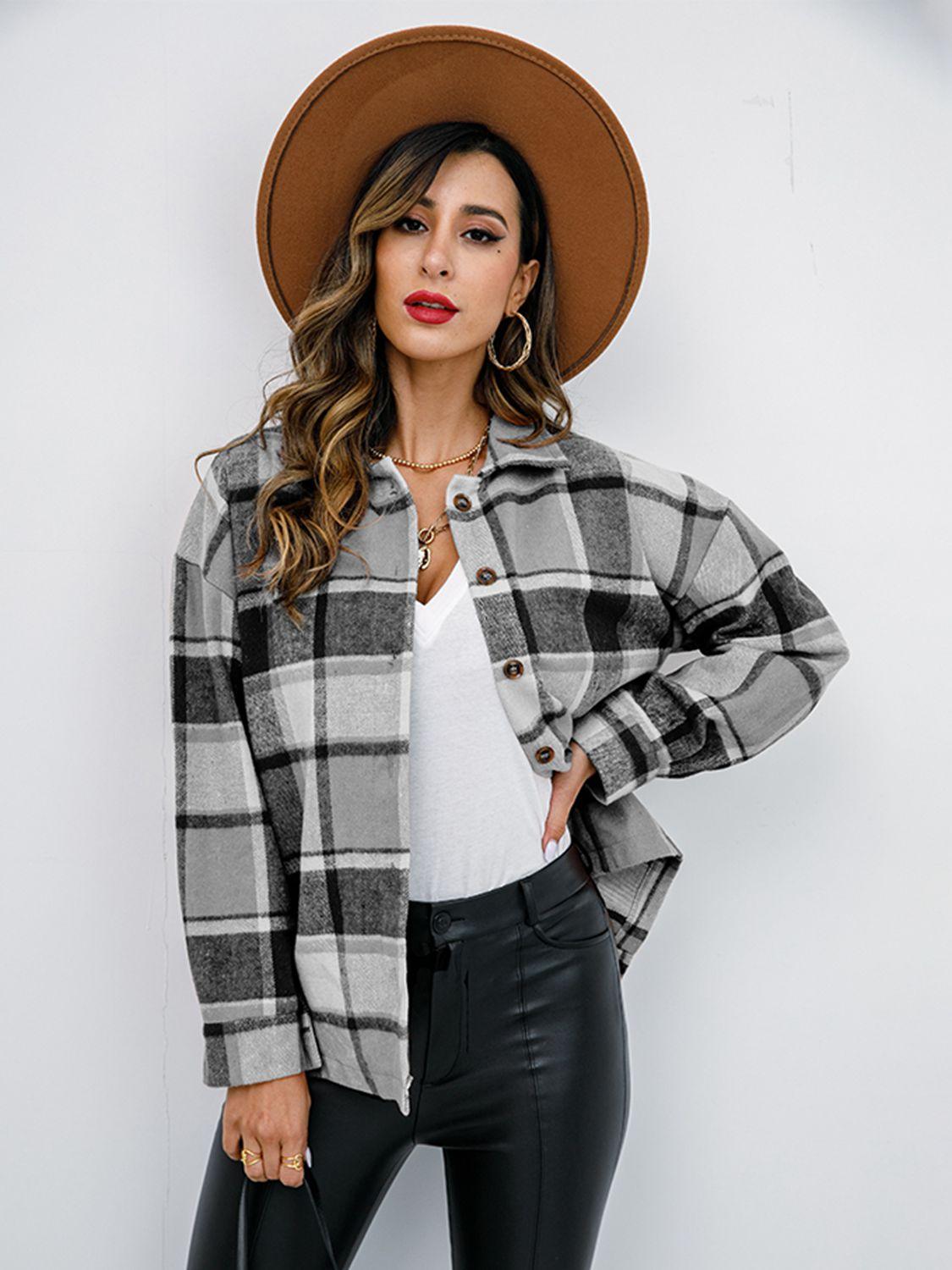 Shiny Plaid Button Up Collared Neck Jacket Charcoal