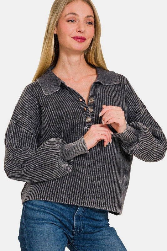 Zenana Washed Half Button Long Sleeve Sweater for Comfortable Style