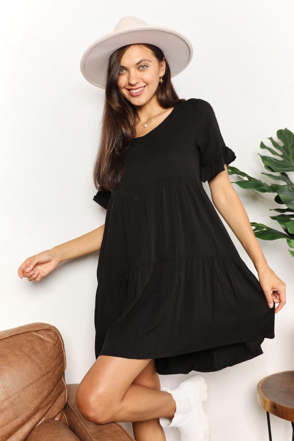 Double Take V-Neck Flounce Sleeve Dress for Effortless Style Black