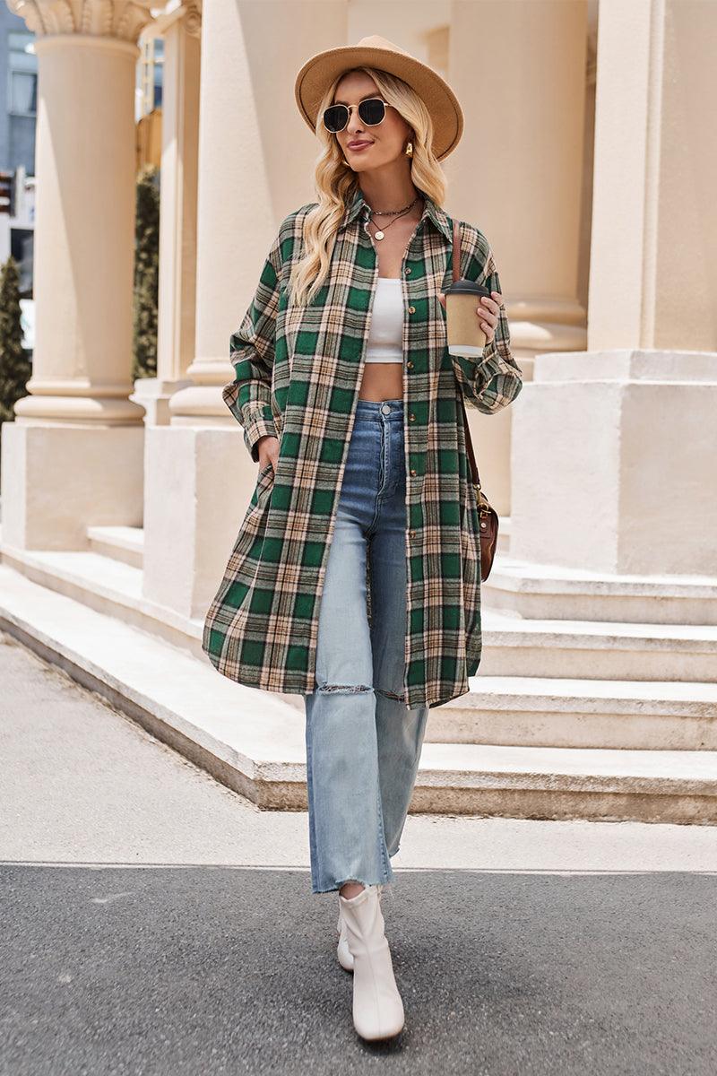 Mandy Plaid Collared Neck Long Sleeve Coat Dark Green