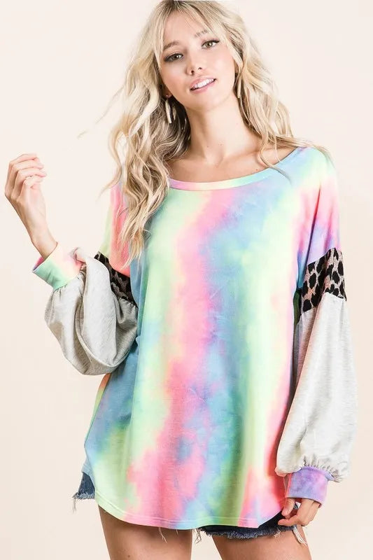 BiBi Tie Dye Terry Top with Contrast Puff Sleeves