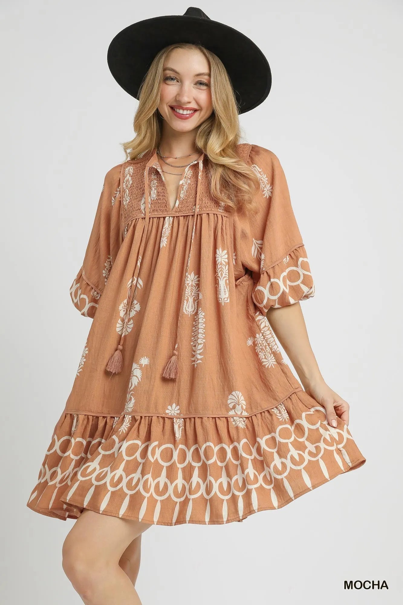 Umgee Boarder Print Tassel Tie Neck Mini Dress Mocha