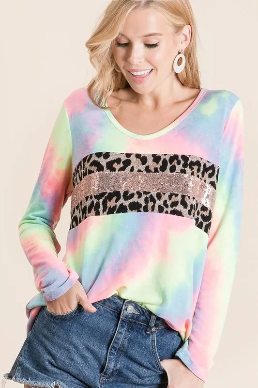 BiBi Tie Dye Deep U-neck Top with Leopard and Sequins PASTEL TIEDYE