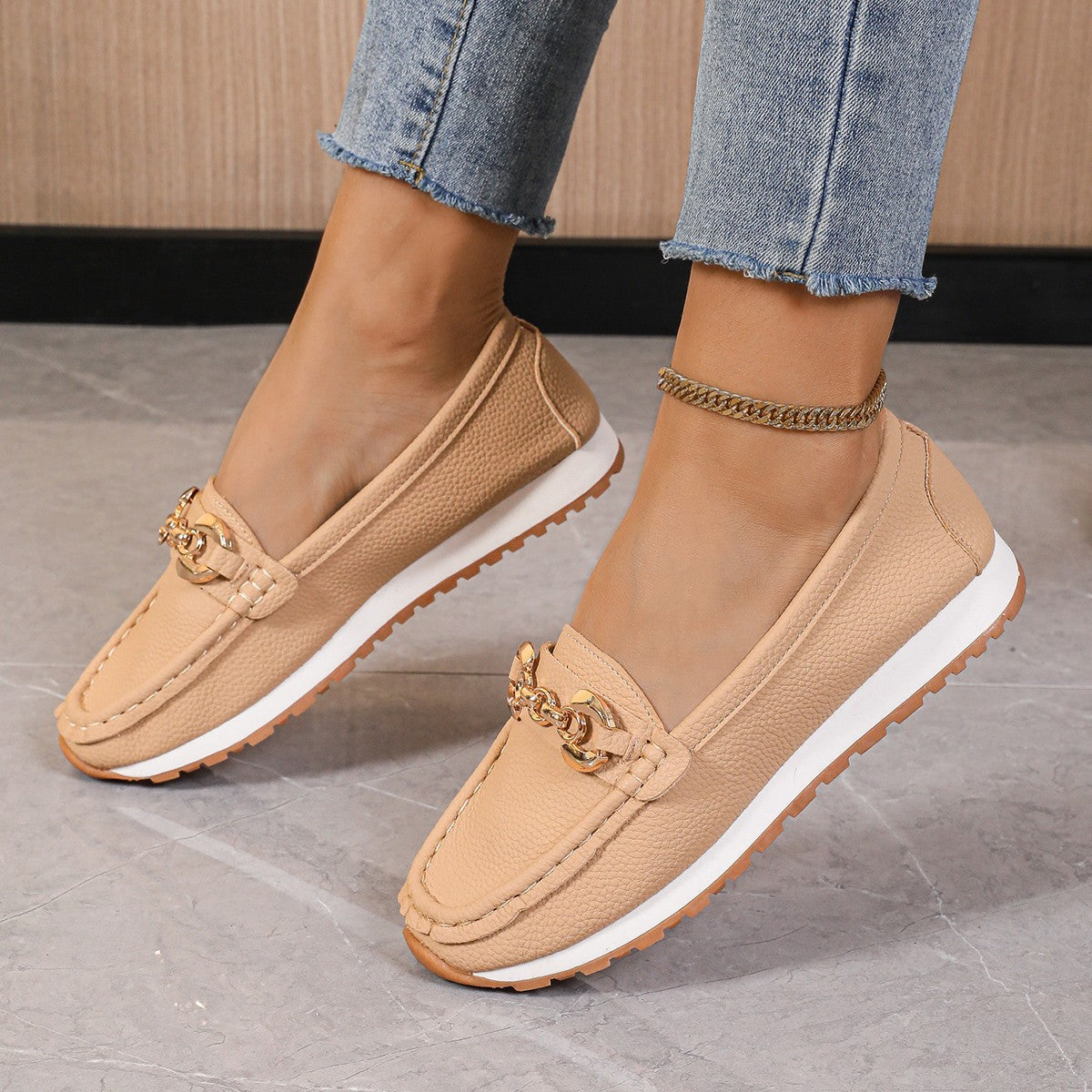 Women's Metal Chain Flat Slip-On Loafers | Breathable PU Preppy Flats