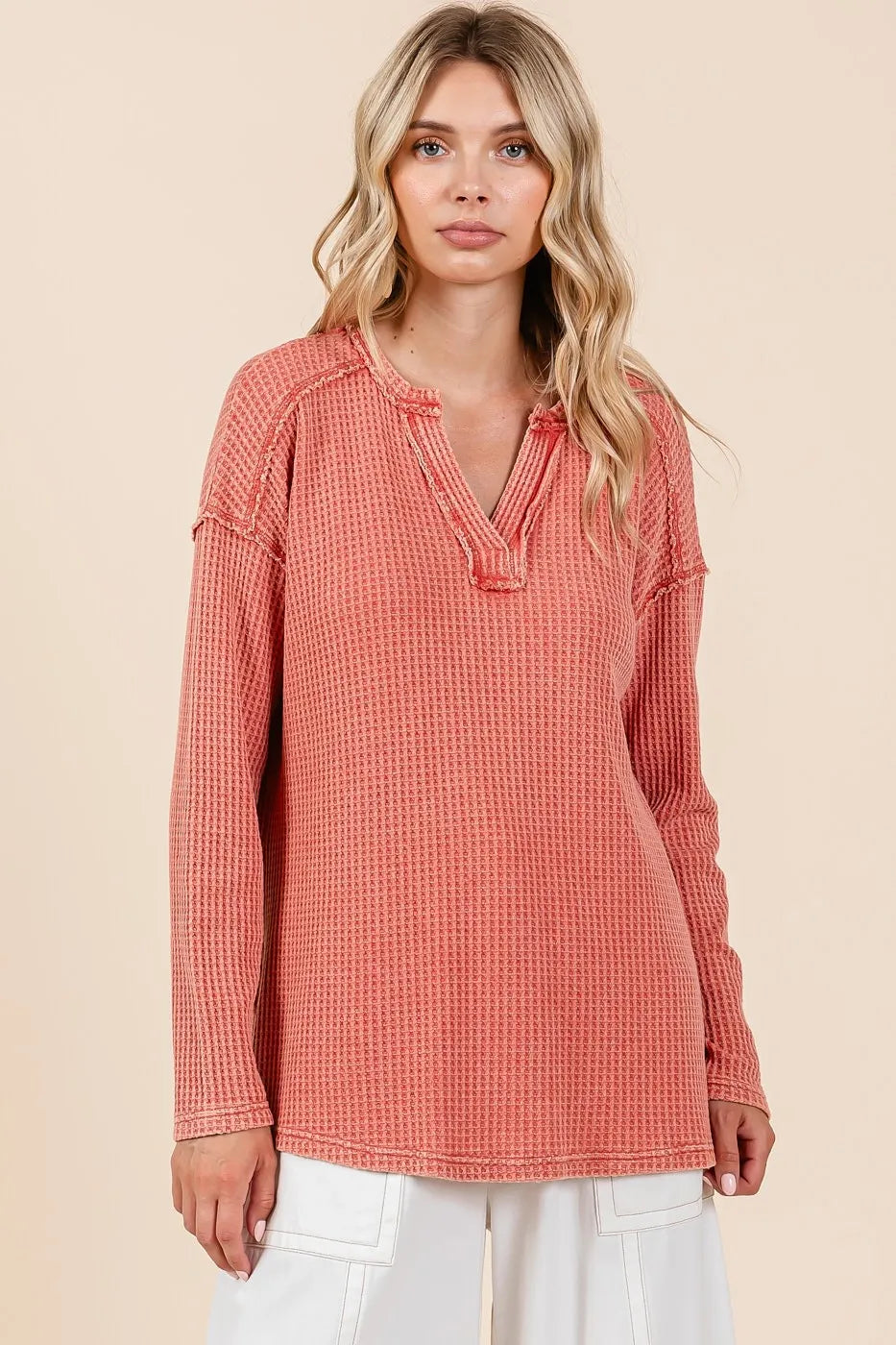 Mittoshop Mineral Wash Waffle Knit V-Neck Long Sleeve Top