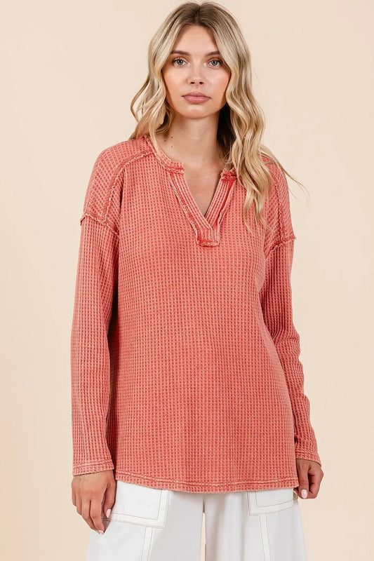 Mittoshop Mineral Wash Waffle Knit V-Neck Long Sleeve Top