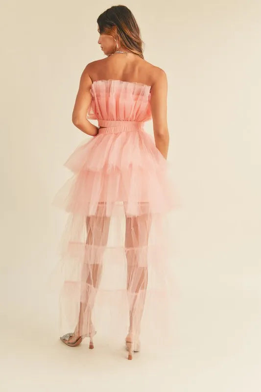 MABLE Tulle Tube Ruffle Crop Top and High Low Maxi Skirt Set
