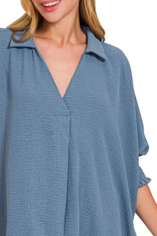 Zenana Airflow Collar Tee with Smocked Sleeve Band Top