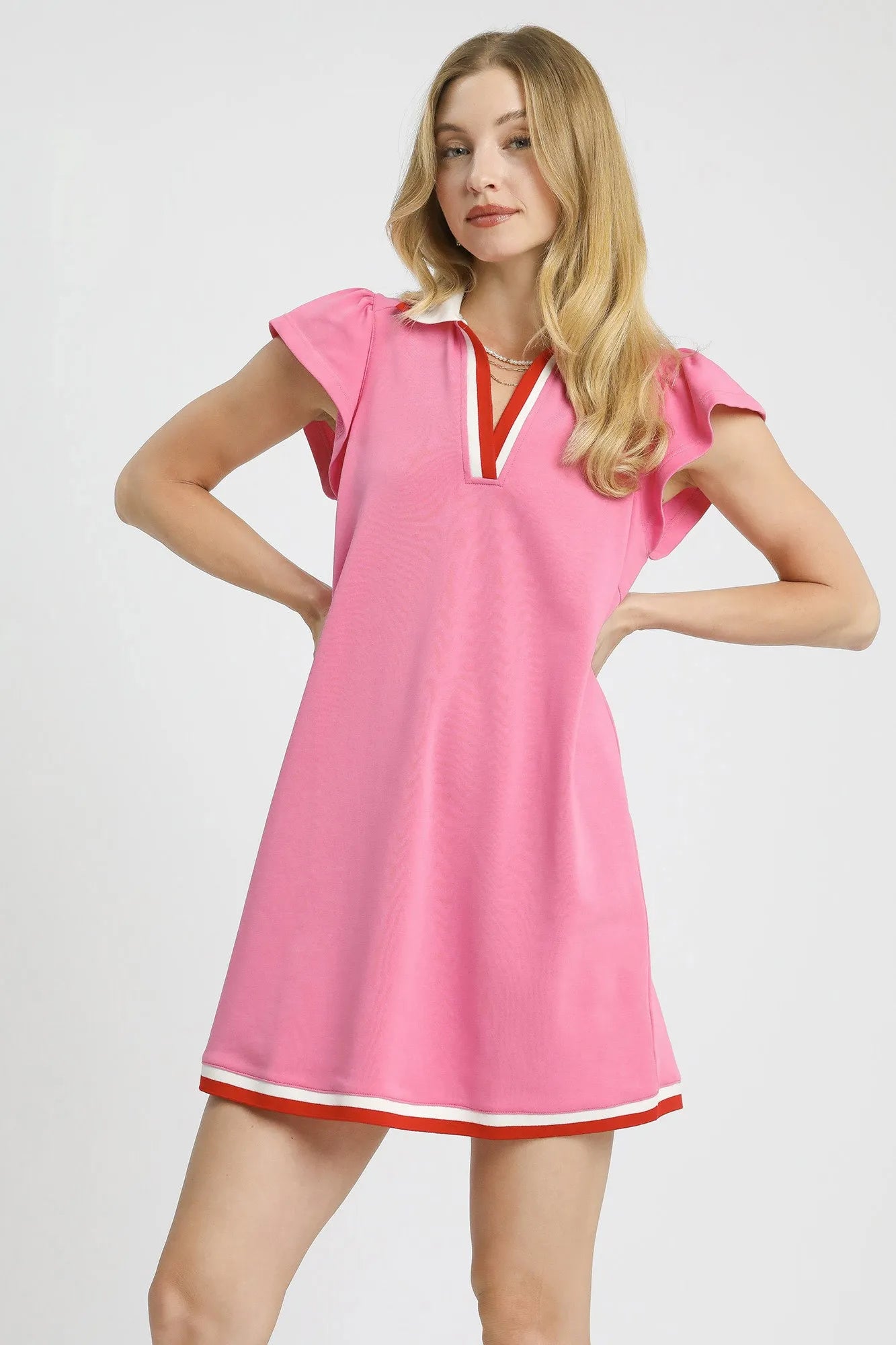 Umgee Contrast Trim Cap Sleeve Mini Dress Pink