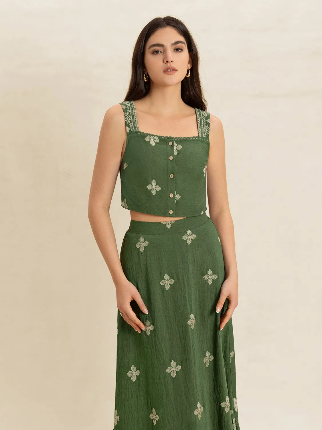 Embroidered Square Neck Cami and Skirt Set