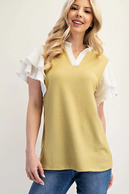 Celeste Full Size Solid Color Top with Ruffle Layered Sleeves Plus Size