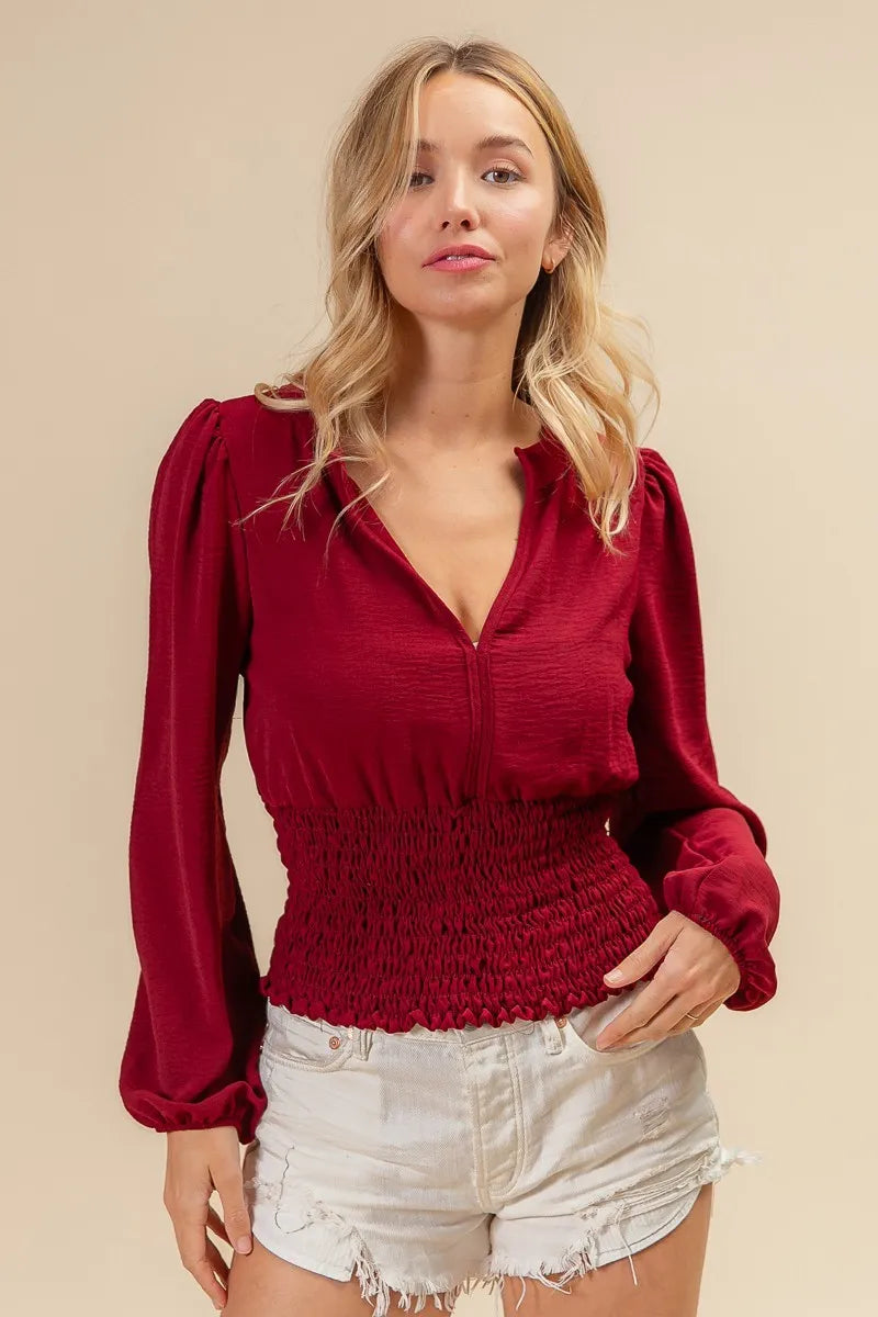 BiBi Smoking Waist Band and Puff Sleeves Deep V Neck Top