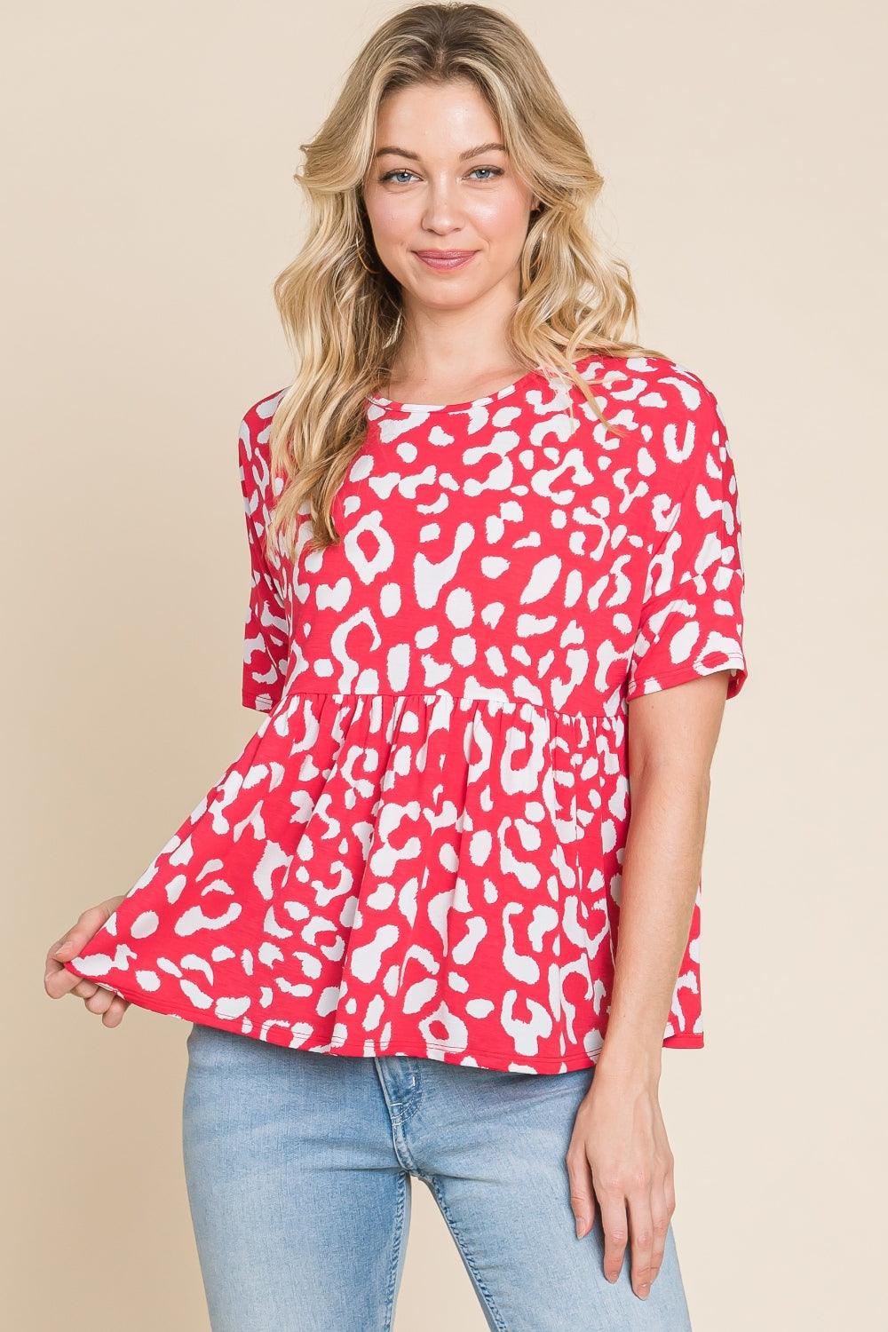 BOMBOM Leopard Peplum Babydoll Blouse Fuchsia