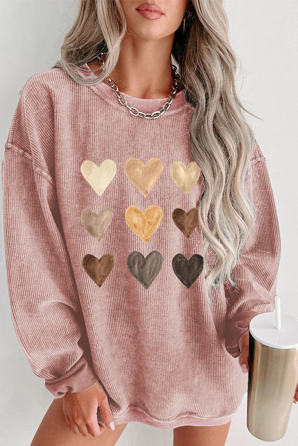 Heart Round Neck Dropped Shoulder Sweatshirt Dusty Pink
