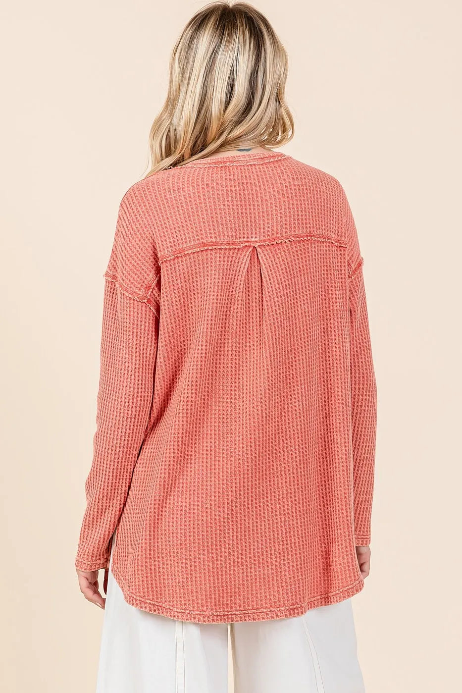 Mittoshop Mineral Wash Waffle Knit V-Neck Long Sleeve Top