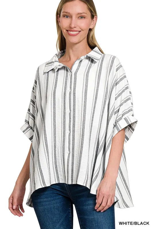 Zenana Woven Yarn-Dye Stripe Oversized Button Down Shirt WHITE BLACK