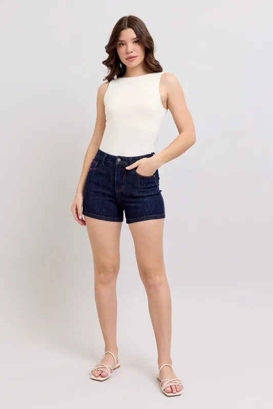 Judy Blue Full Size High Waist Heart Shaped Pkts & Red Contrast Thread Denim Shorts Plus Size DK