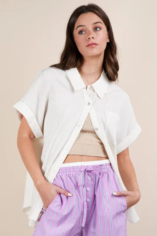 VERY J Oversized Dolman Sleeve Crinkled Woven Shirt