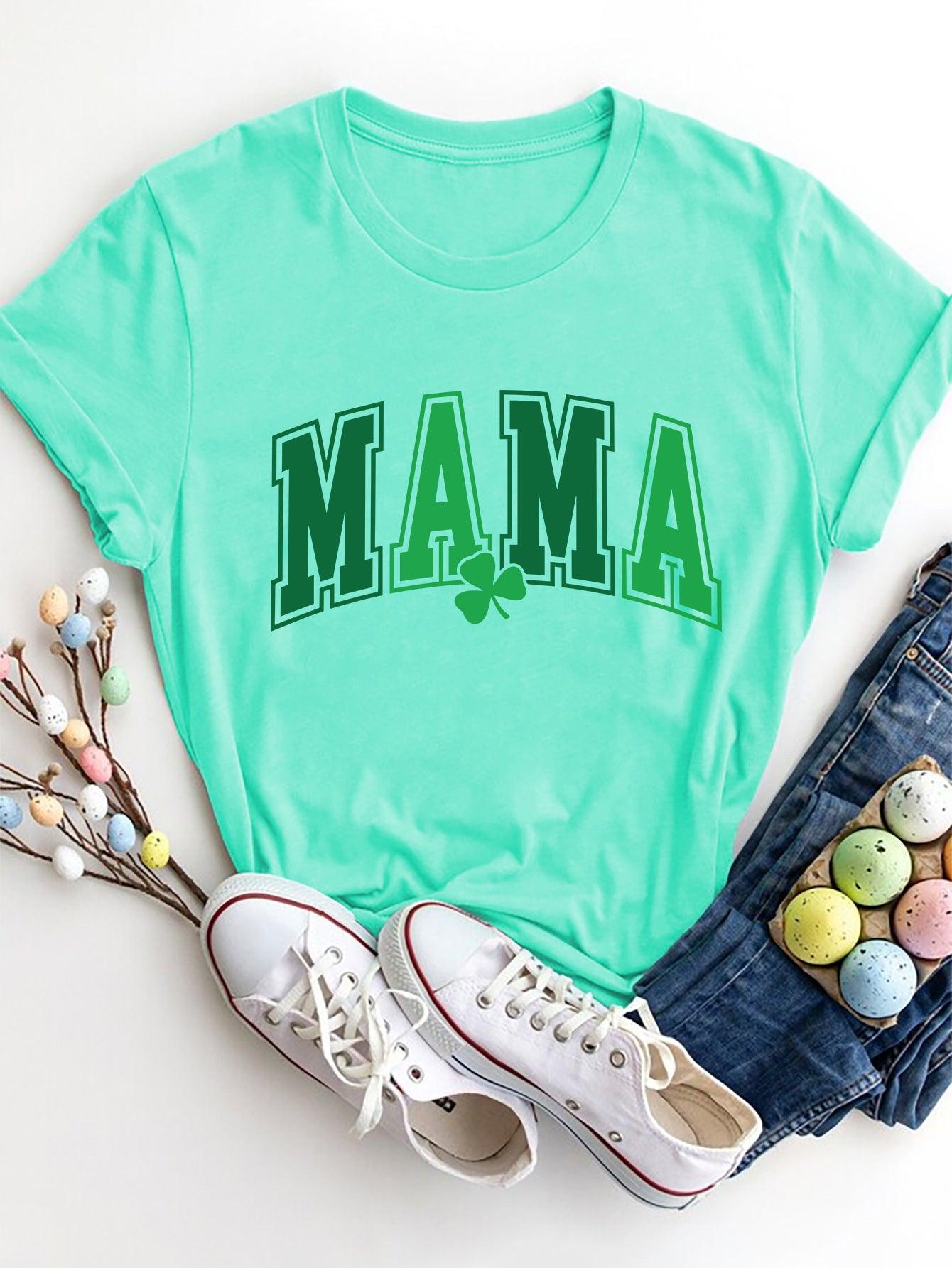 MAMA Round Neck Short Sleeve T-Shirt Tiffany Blue