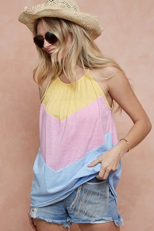 BiBi Triblend Knit Color Block Halter Neck Top