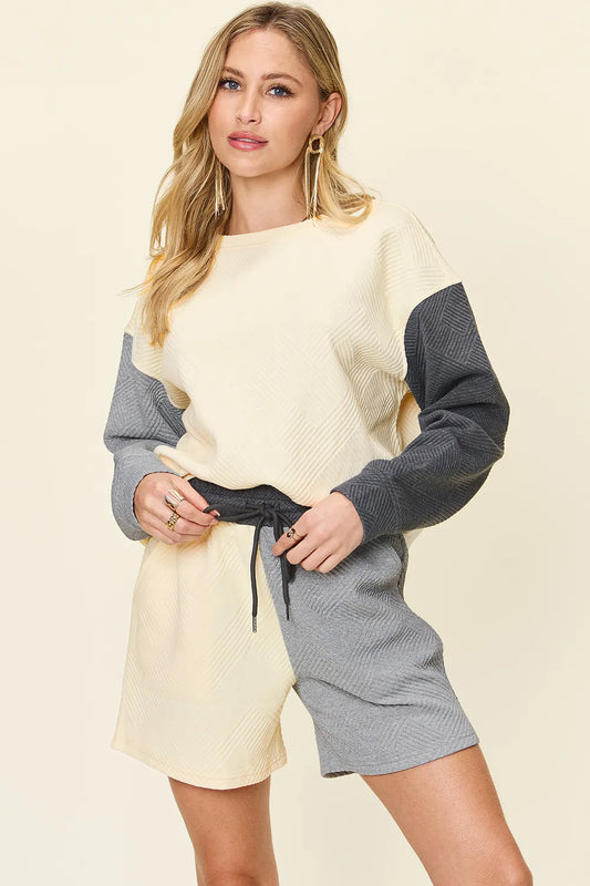 Double Take Full Size Contrast Drop Shoulder Top and Shorts Set Cloudy Blue