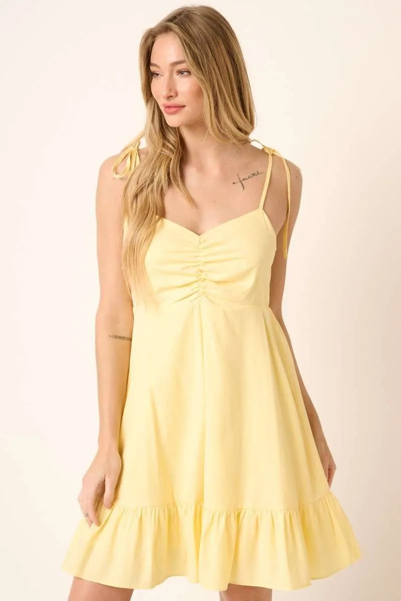 Mittoshop Ruched Detail Spaghetti Tie Mini Dress YELLOW